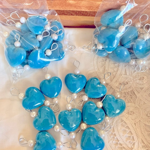 Blue Glazed Ceramic Porcelain Hearts & Pearl Beads W Metal Links (lot 10 links) - Picture 6 of 11